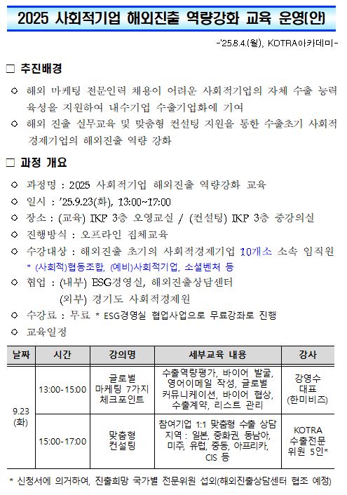 2025년 사회적기업 해외진출 역량강화 교육 신청 안내 이미지 1